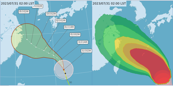 左圖：中央氣象局「路徑潛勢預測圖」顯示，「卡努」1日通過琉球附近，轉西北西、再朝東海前進。右圖：「暴風圈侵襲機率圖」顯示，北部近海100公里以內海域，受暴風圈侵襲的機率約為40%。


