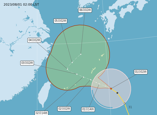 中颱卡努路径不断翻盘，各国预测后期路径也出现大乱斗。（中央气象局提供）