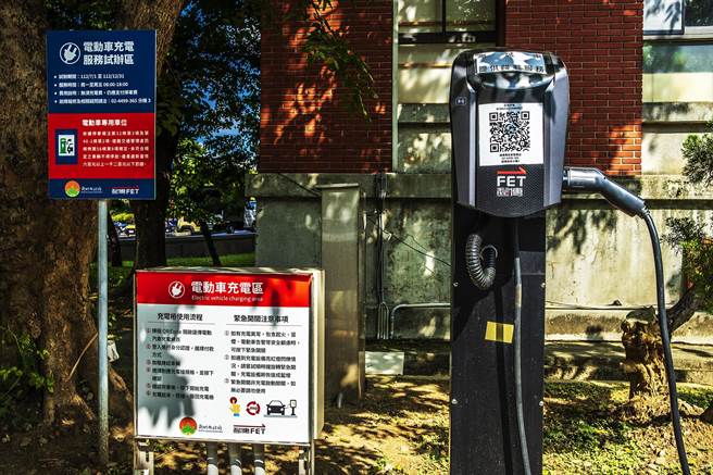 新竹县政府停车场规画「电动车充电服务试办区」，在2个停车格设置充电桩，方便使用电动车洽公的民眾免费充电。（罗浚滨摄）