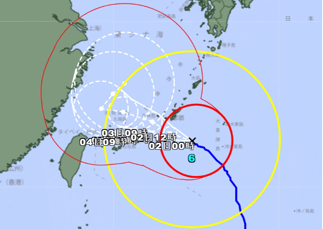 日本将卡努升级为「非常强颱」，今晚到明天逼近冲绳地区。（翻摄日本气象厅）