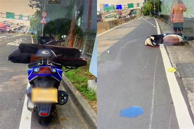 郭姓骑士遭长背包撞到机车把手后重摔在地，警方到场处理。（翻摄照片／洪靖宜高雄传真）