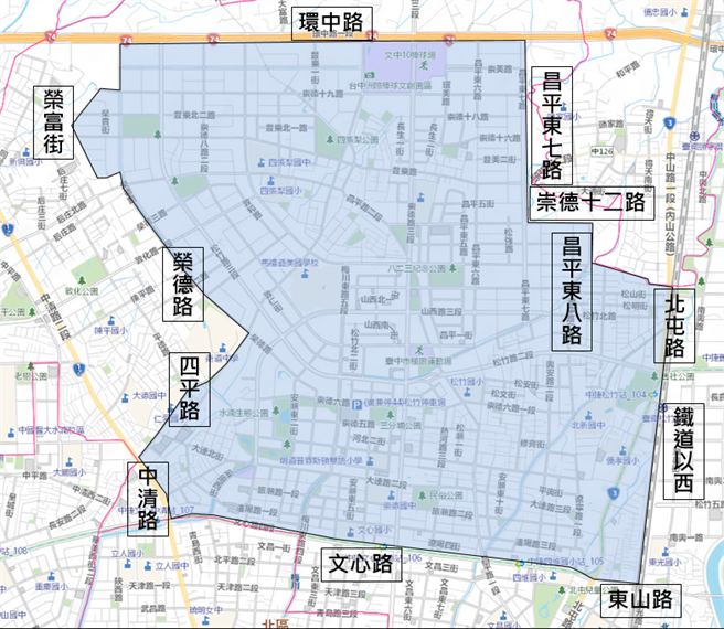 中市北屯区8／3上午9时起5万多户停水47小时，图为停水区域。（台中市经发局提供／陈淑芬台中传真）
