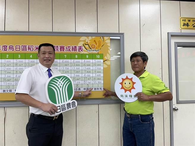 台中市烏日區農會1日於農會舉辦烏日區稻米品質競賽，由去年冠軍、農友施秋和（右）以91.5再度蟬聯。（潘虹恩攝）