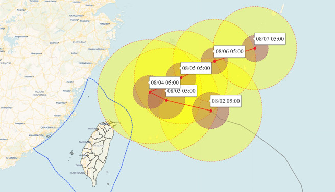 卡努速度再放慢，预计转弯时间点也更慢，可能在今天下半天针对新北、台北、基隆地区发布陆上颱风警报，直到周五才解除。(翻摄自彭启明脸书)