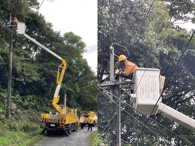 坪林大粗坑樹木壓在高壓線上造成停電事故，台電北南區處搶修人員清除樹枝後，完成復電作業。（台電提供）