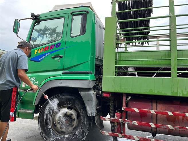肉販確實清洗消毒運豬車。（新北市動保處提供）