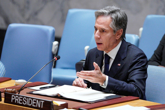 2023年8月3日聯合國安理會關於飢荒和衝突引發的全球糧食問題時，布林肯向代表們發表講話。（路透社）