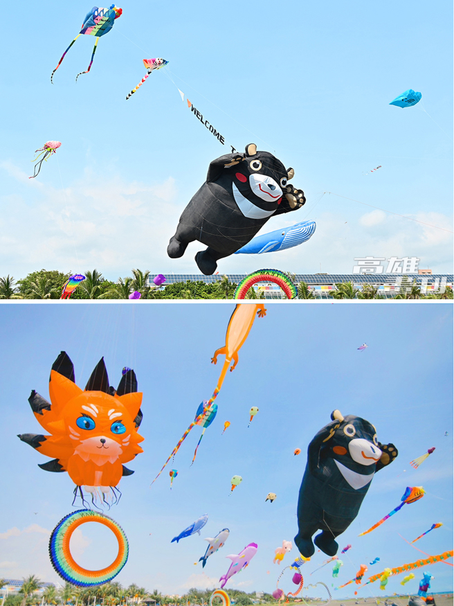 12米高雄熊軟Q的在空中擺動，與日本超人氣熊本熊串型風箏、色彩繽紛的七彩熊等攜手飛上天，十分可愛吸睛。(上：攝影/Carter；下：圖片提供/高市府觀光局)
