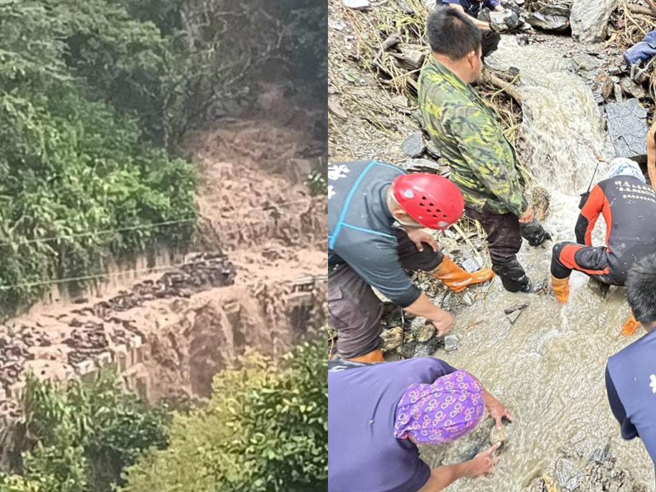 救難人員在林坤山的菜園附近發現一隻右手，進一步查看發現林坤山罹難，遺體已覆蓋在土石堆下，協助將其遺體帶回廬山部落家中治喪。（民眾提供／楊靜茹南投傳真）