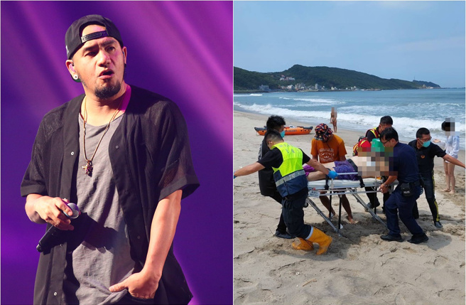 張震嶽（橘衣者）聽到呼救聲他立即上前協助CPR，直到救護車抵達，合力將男子搬上擔架。（圖／中時資料照（左）、新北市消防局提供／黃敬文新北傳真）