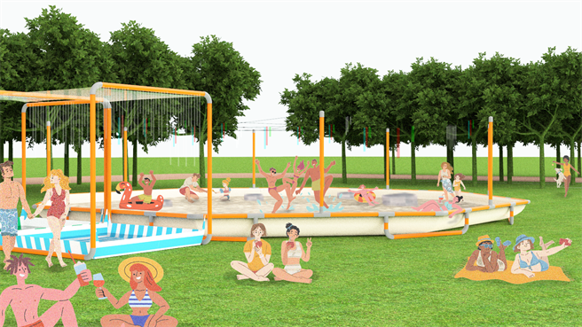 「夏日大喷发」活动将于12至13日在「市民广场」登场，图为互动戏水区模拟图。（台中市观旅局提供／陈淑娥台中传真）