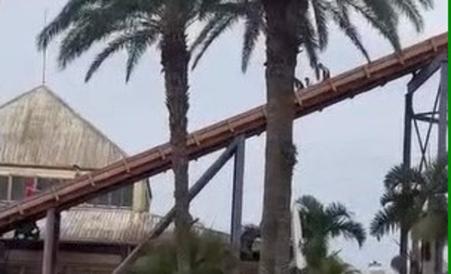 小人國「轟浪」設施今天傳出故障，15名遊客在工作人員引導下脫困。(民眾提供／呂筱蟬桃園傳真)