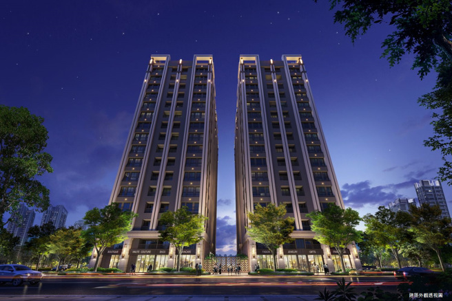 机捷A7捷运站新推预售案「丹佛花都」塑造ART DECO地标美式庄园，以4字头磁吸科技新贵买盘。（甲山林集团提供）