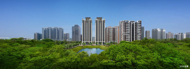 「丹佛花都」距离捷运A7站仅450米，基地正对十八份抗溪保护区第一排，享树海栋距。（甲山林集团提供）