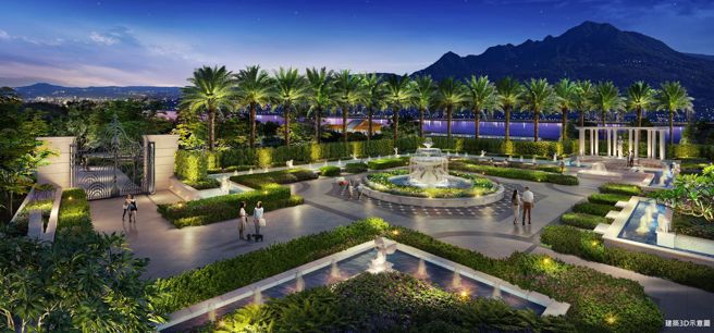 甲山林指標案「山河帝寶」主打2873坪壯闊基地南法莊園，為捷運紅線上最大開發案，僅13.98%的低建蔽率，擁抱2000坪歐式噴泉花園。（甲山林集團提供）