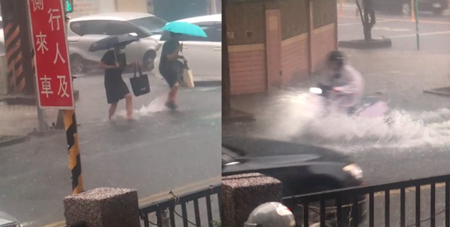 午后热对流发展旺盛，桃园下起大雷雨，大量的水一时来不及排出，出现积水的情况。（图／彭姓网友授权使用）