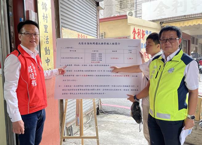 台中市北区锦村里自强街一带自来水管线建成已至少40年之久，近年管线频有漏水、水压不足情形，立委庄竞程积极协调、关心，争取今年9月底前办理开工。（立委庄竞程提供／潘虹恩台中传真）