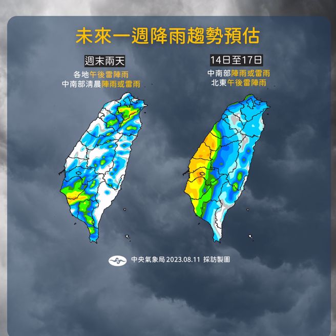 气象局表示，14日各地的降雨机会增加，中南部的雨势较大。（图／气象局）