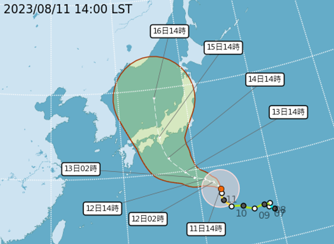 今年第7号颱风兰恩路径西修，预估会直接登陆日本，对台湾无直接影响。（图／气象局）