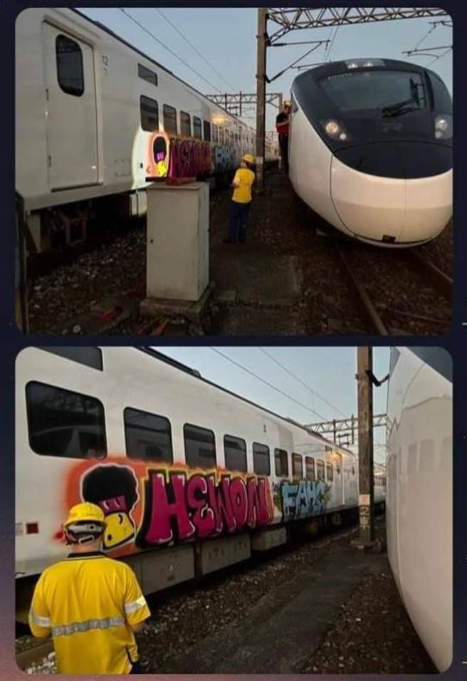 停放於樹林調車場EMU3000型自強號車廂，13日上午發現遭不明人士塗鴉破壞。（翻攝臉書《靠北台鐵》）