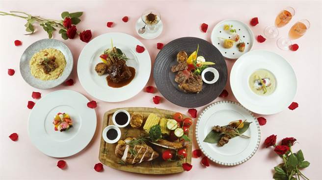 情人节住房专案晚餐可品尝2580元加1成的情人节套餐两客，主菜有碳烤战斧猪排、沙朗牛排、炉烤纽西兰羊肩排可选。(北投大地酒店提供)