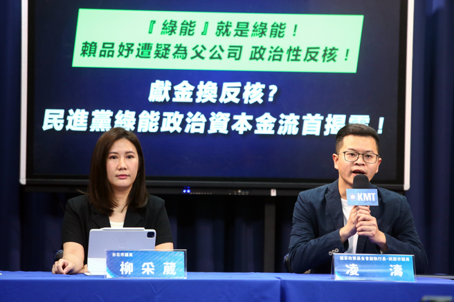 国民党国家政策基金会副执行长、桃园市议员凌涛（右）及侯办发言人、台北市议员柳采葳（左）14日举行「『绿能』就是绿能！赖品妤遭疑为父公司 政治性反核！反核换献金？民进党绿能政治资本金流首揭露！」记者会，质疑赖品妤反核的动机为政治操作。（邓博仁摄）