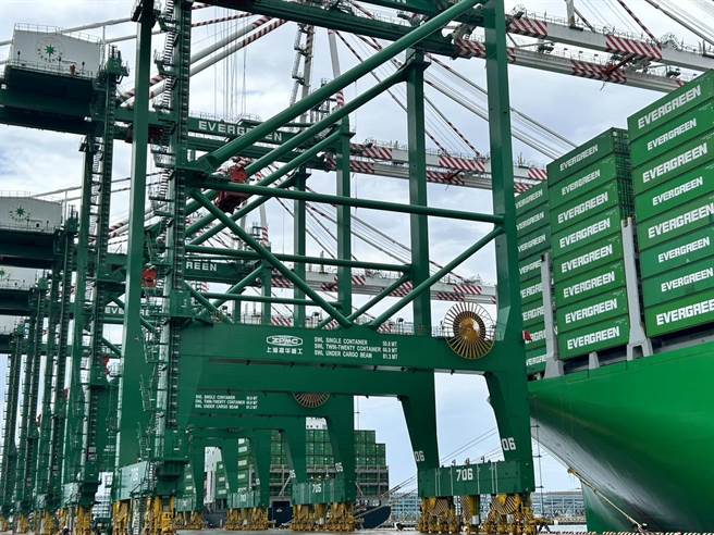 高雄港第7货柜中心拥有19部最大型桥式货柜起重机、56部门式起重机。（崔正纲摄）