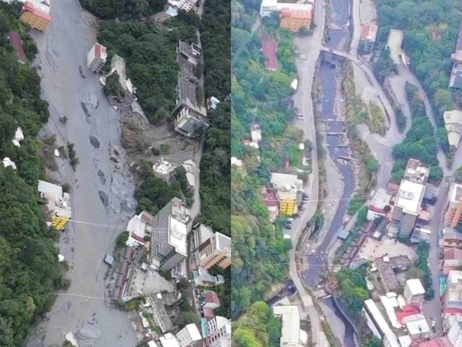 塔羅灣溪在卡努風災前流經過廬山溫泉區的空拍情況（右）；卡努風災過後，塔羅灣溪暴漲，廬山溫泉區河邊道路沖毀、橋梁沖失，下游飯店都泡在水裡，空拍影像觸目驚心（左）。（民眾提供／楊靜茹南投傳真）