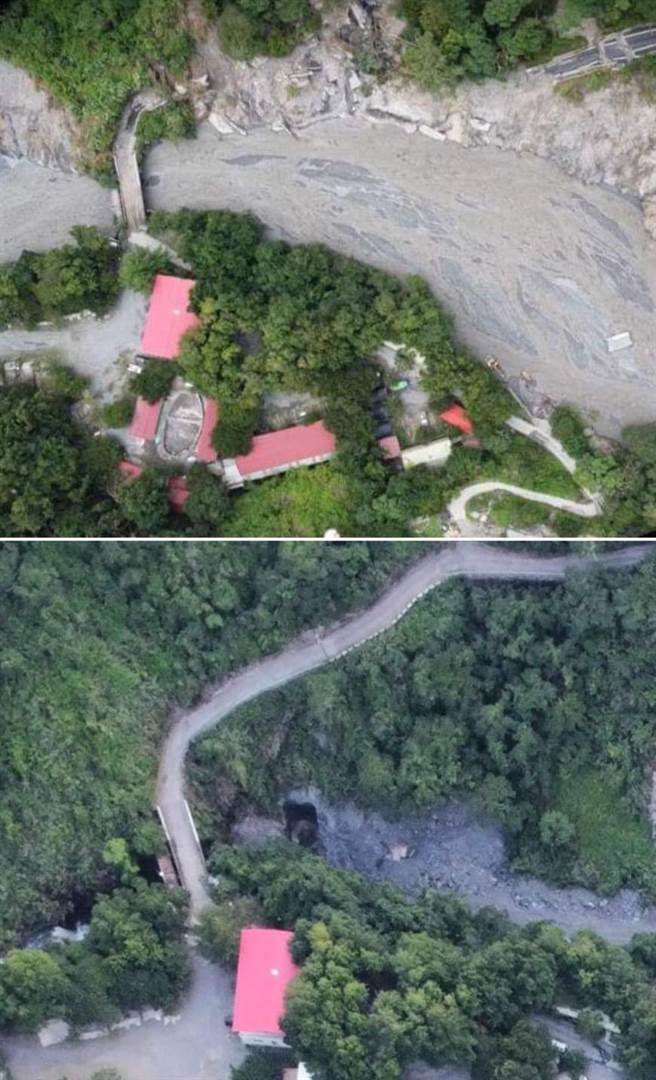 馬赫坡部落主要對外道路榮華巷在卡努風災前（下）、後對照照片，約百公尺道路遭豪雨沖毀。（民眾提供／楊靜茹南投傳真）