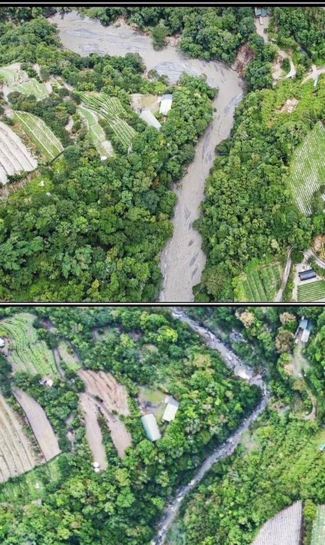 卡努旺盛西南氣流為仁愛鄉帶來豪雨，馬赫坡溪（馬海僕溪）從涓涓細流變洪水猛獸。（民眾提供／楊靜茹南投傳真）