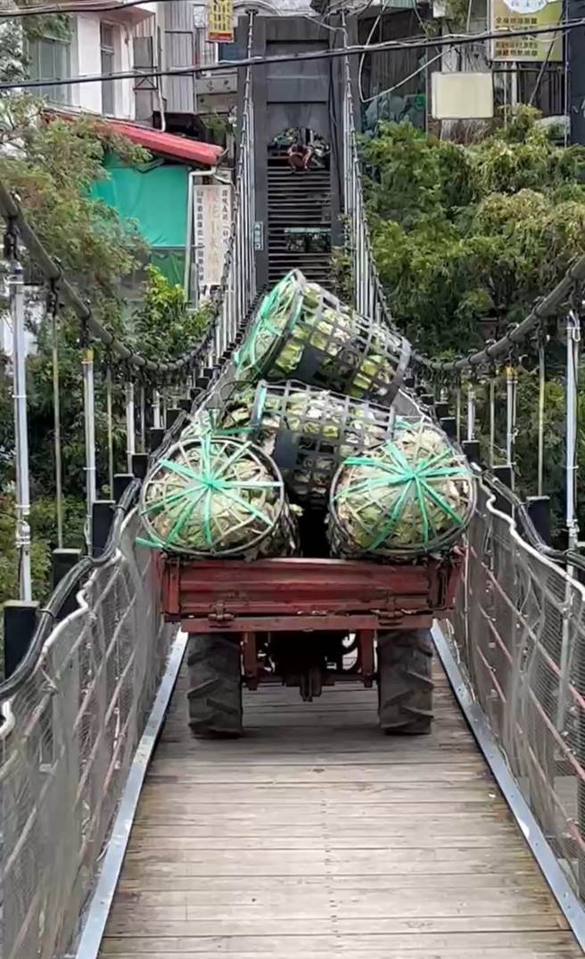 部落居民用小怪手開闢小貨車到廬山吊橋的路運農產品，但成本增、速度慢。（民眾提供／楊靜茹南投傳真）