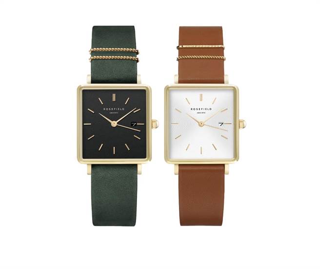 Global Mall新北中和店Tiimec探觅刻「Rosefield The Boxy金色方壳皮革腕表」单支原价3880元、会员独享价3490元。（Global Mall提供／朱世凯台北传真）