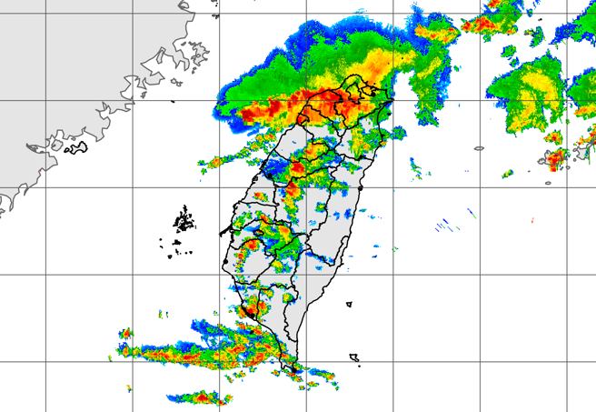 整片雷雨帶覆蓋北台灣，今天一早就開始下大雷雨。（中央氣象局提供）