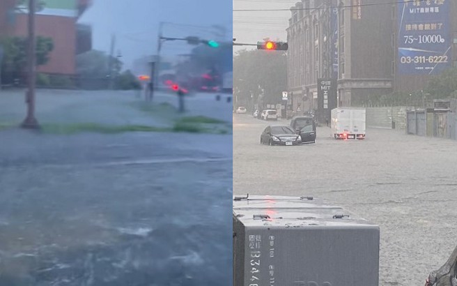 桃園多處淹水，馬路成小河，駕駛膽戰心驚。（網友授權提供）