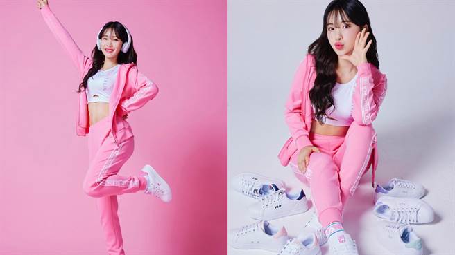 FILA找来李多慧代言为情侣们的爱情应援。针织外套3680元、针织长裤2480元、圆领上衣1680元、中性潮流復古鞋2080元。（FILA提供／朱世凯台北传真）