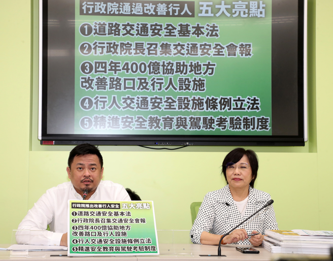 民進黨立法院黨團幹事長劉世芳（右）、副書記長洪申翰（左）17日召開「下了車，你我都是行人」記者會。（劉宗龍攝）