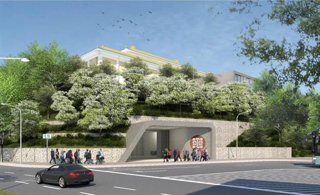 故宫博物院欲在院外建造无障碍电梯与手扶梯等设施，并连接北环段Y28站，目前正在北市都市审议委员会进行审查。（完工示意图，故宫提供／丁上程台北传真）