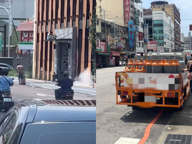 载满瓦斯桶的货车突然瓦斯桶掉落还瓦斯狂喷。（民眾提供／冯惠宜台中传真）