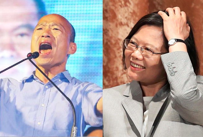 总统蔡英文(右)曾针对假共谍案发言带风向，韩国瑜(左)的总统大选选情受到无端衝击。（合成图／陈怡诚摄、资料照）