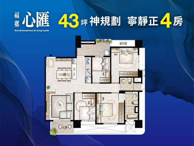 「福乡心匯」基地面积约1381坪，规划5栋建筑，特别推荐43坪的「神级4房」，主打精简坪数，室内格局方正，且採光通风面面俱到。(图:福乡建设提供)