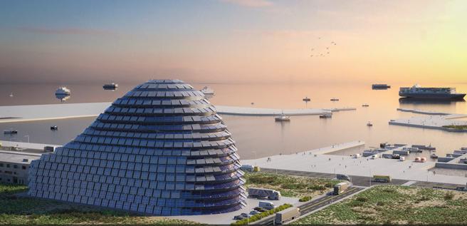 台电离岸风电运维中心，造型特殊，又是全台首座净零建筑，被形容为「会发电的穿山甲」。（图/台电提供）