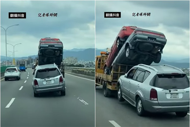 台74线快速道路32.7K处日前出现疑似拖吊车辆一车载运3辆轿车行驶在路上，其中拖吊车上有两台轿车相迭的，后面还拖着一辆银色轿车，民眾看到惊吓连连。（撷取自「记者爆料网」）