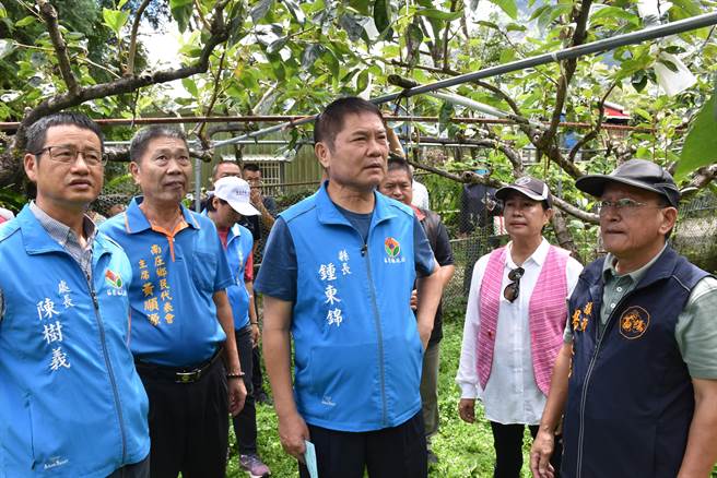 苗栗县长锺东锦22日一早就到南庄乡鹿场部落勘查甜柿灾损，在得知前县长徐耀昌退出国民党一事感到心痛难过。（谢明俊摄）