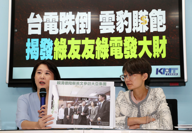 国民党立院党团副书记长吴怡玎（右）、王鸿薇（左）22日召开「台电跌倒 云豹赚饱 揭发绿友友 绿电发大财」记者会。（刘宗龙摄）