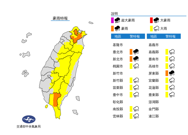 气象局发布豪、大雨特报，双北地区的雨势尤其猛烈。（图／气象局）