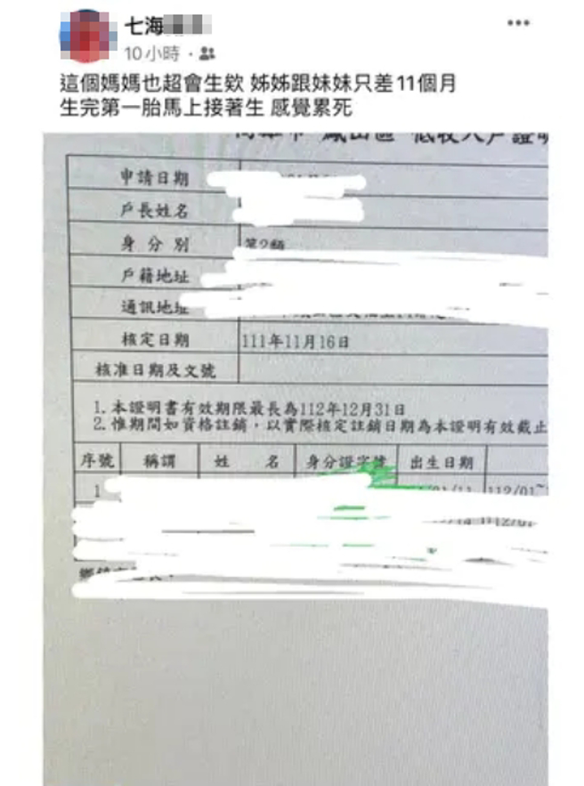 该工读生将低收户个资贴上自己脸书，还嘲讽对方「很会生」，如今恐吃官司。(图／取自Dcard)
