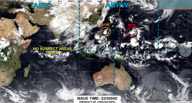 台湾东南方海面的热带性低气压91W可能在下周一成颱，很可能马上发海警。(翻摄自贾新兴脸书)