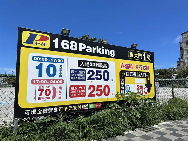 花莲东大门夜市对面的民营停车场假日收费金额每小时高达70元，让民眾惊呼「比台北信义区还贵」，质疑收费合理性。（罗亦晽摄）