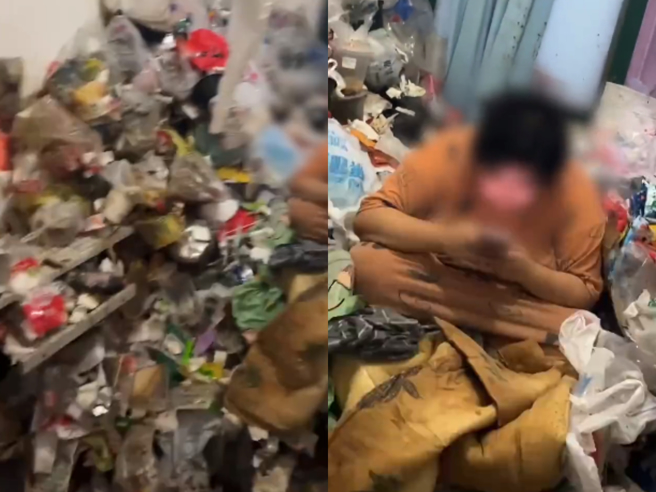 大陸青島一位女租客1年不丟垃圾，把房間堆成垃圾山導致滿地生蛆。（翻攝自時間視頻微博）