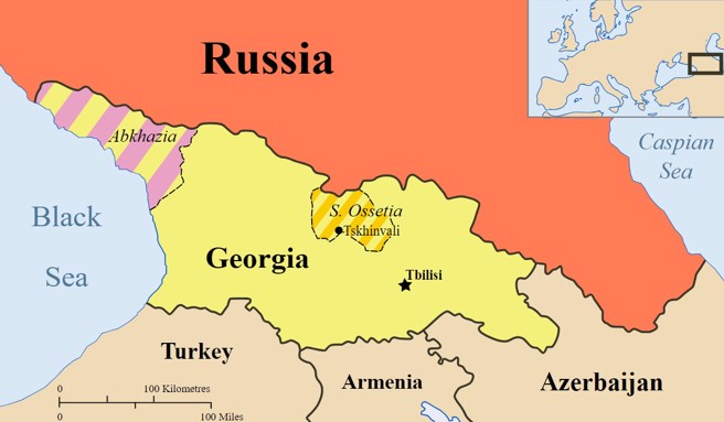  俄罗斯、乔治亚与2块争议区域的位置图。俄罗斯已实际占领深黄斜线的南奥塞梯与粉红斜线的阿布哈兹。(图/wiki)